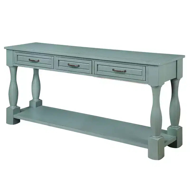 Tavolo consolle lungo 160 cm con 3 cassetti e 1 ripiano inferiore per ingresso e corridoio, blu retrò