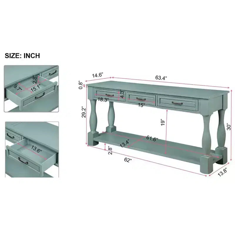 Tavolo consolle lungo 160 cm con 3 cassetti e 1 ripiano inferiore per ingresso e corridoio, blu retrò