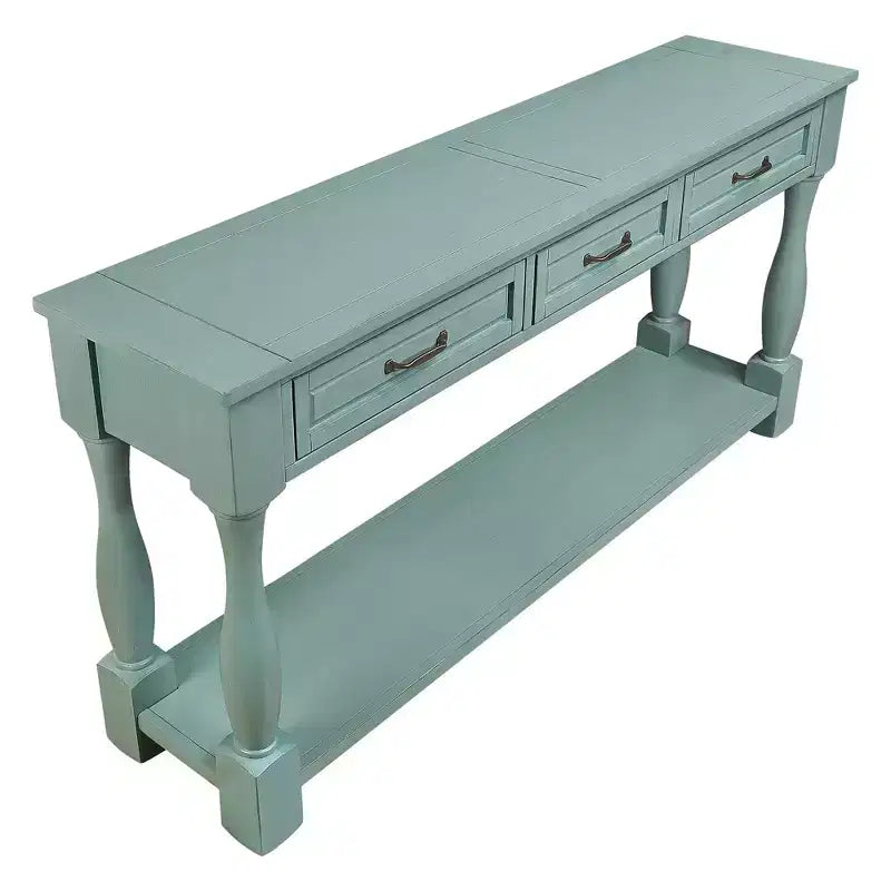 Tavolo consolle lungo 160 cm con 3 cassetti e 1 ripiano inferiore per ingresso e corridoio, blu retrò