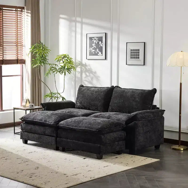 Divano in ciniglia blu con poggiapiedi, con braccioli Pillow Top e cuscino a doppio strato, 85,4 pollici L
