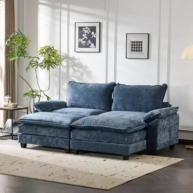Divano in ciniglia blu con poggiapiedi, con braccioli Pillow Top e cuscino a doppio strato, 85,4 pollici L