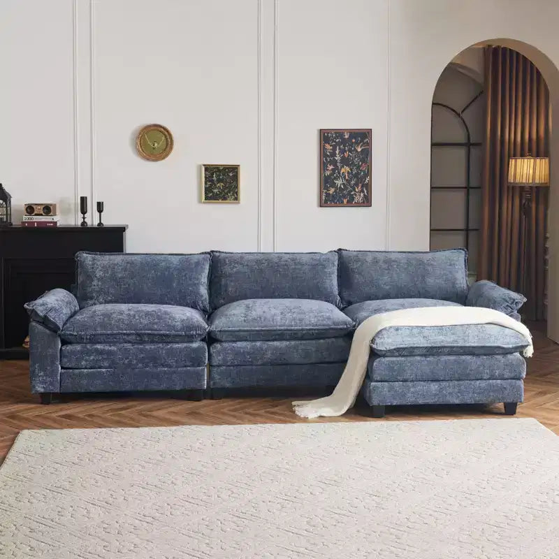 Divano in ciniglia blu con braccioli pillow top, cuscino a doppio strato e pouf, larghezza 304,8 cm