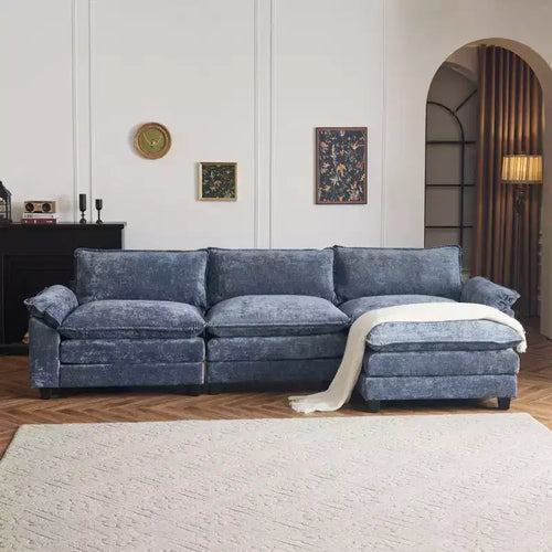 Divano in ciniglia blu con braccioli pillow top, cuscino a doppio strato e pouf, larghezza 304,8 cm