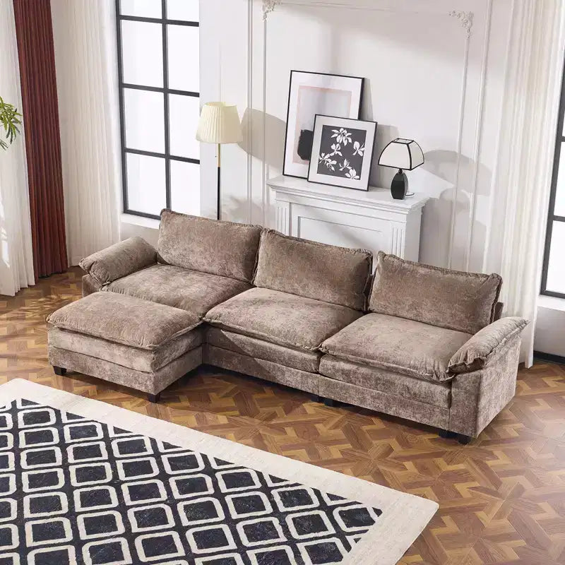 Divano in ciniglia blu con braccioli pillow top, cuscino a doppio strato e pouf, larghezza 304,8 cm