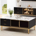Rectangle Faux Marble Coffee Table, Wooden Fluted Cocktail Table with Drawers & Metal Legs, Modern Center Table for Living Room, Bedroom