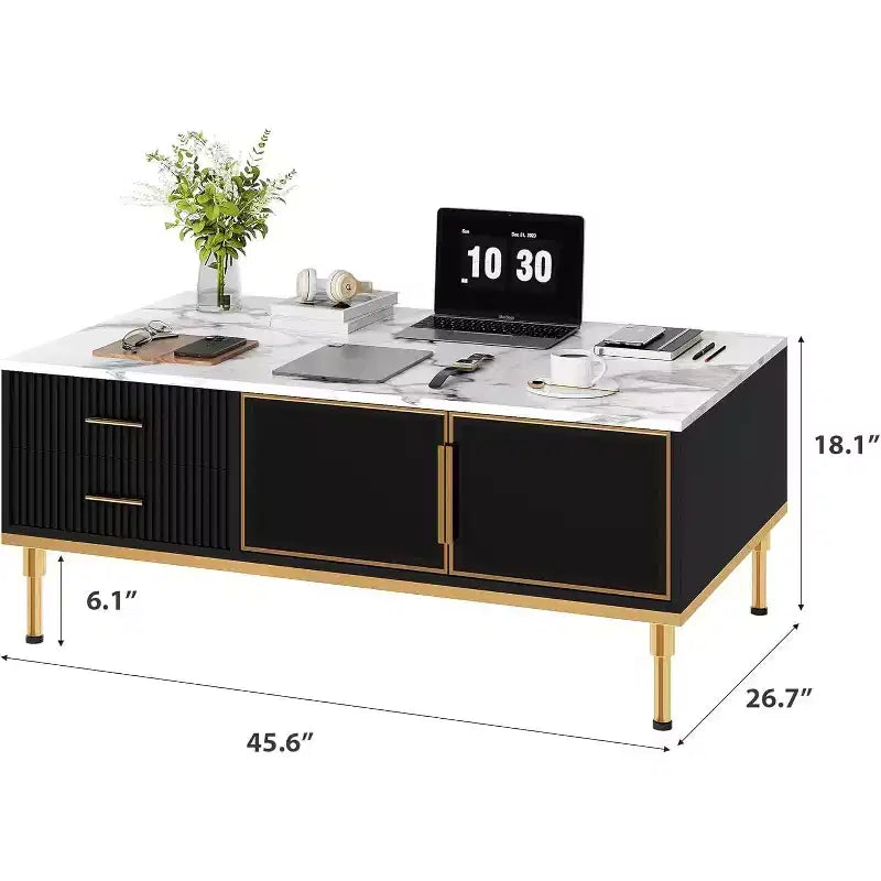 Tavolino rettangolare in finto marmo, tavolino da cocktail scanalato in legno con cassetti e gambe in metallo, tavolino moderno per soggiorno, camera da letto