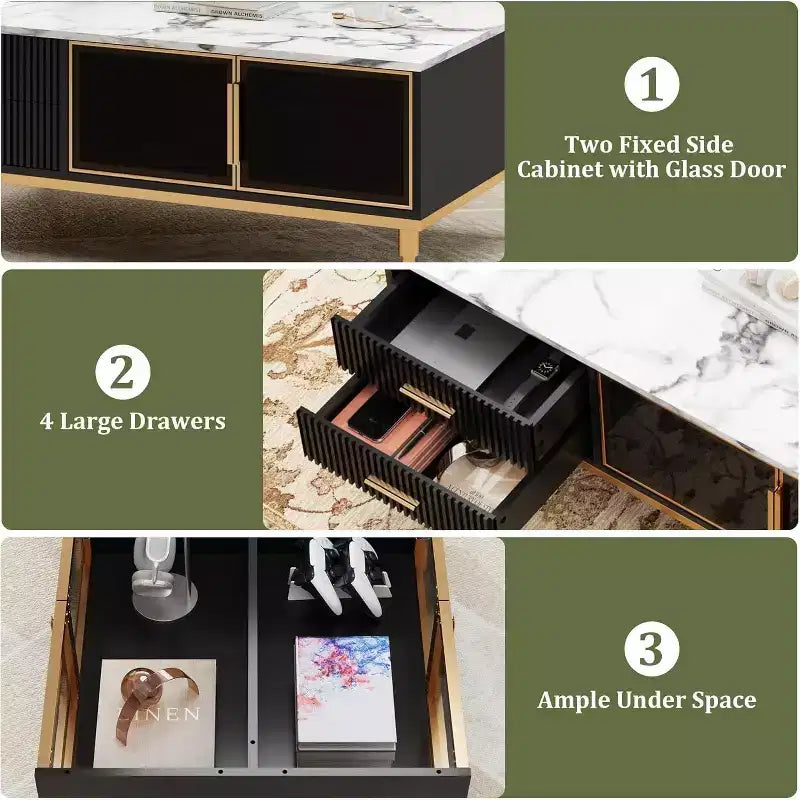 Tavolino rettangolare in finto marmo, tavolino da cocktail scanalato in legno con cassetti e gambe in metallo, tavolino moderno per soggiorno, camera da letto