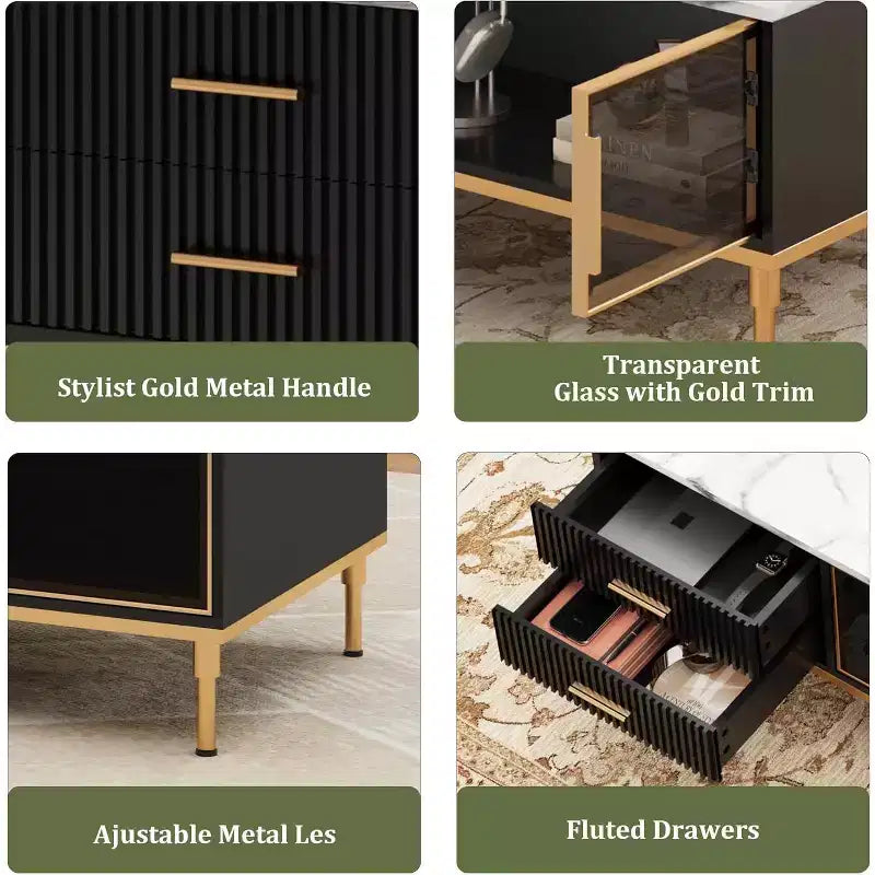 Tavolino rettangolare in finto marmo, tavolino da cocktail scanalato in legno con cassetti e gambe in metallo, tavolino moderno per soggiorno, camera da letto