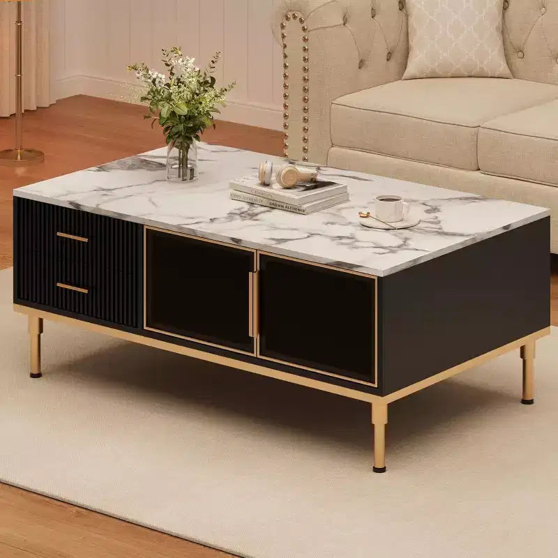 Tavolino rettangolare in finto marmo, tavolino da cocktail scanalato in legno con cassetti e gambe in metallo, tavolino moderno per soggiorno, camera da letto