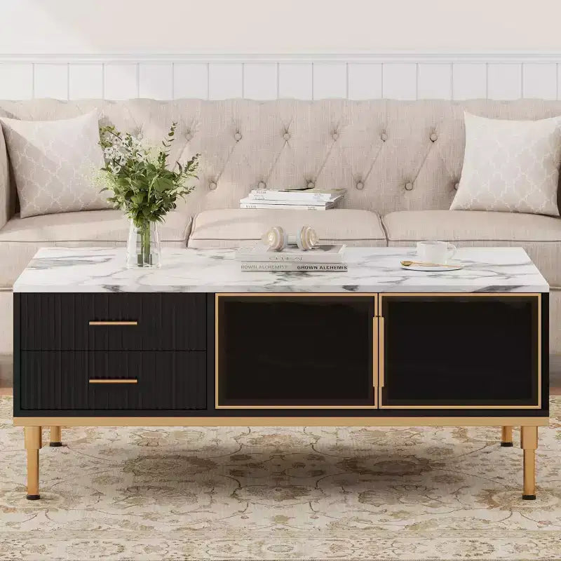 Tavolino rettangolare in finto marmo, tavolino da cocktail scanalato in legno con cassetti e gambe in metallo, tavolino moderno per soggiorno, camera da letto