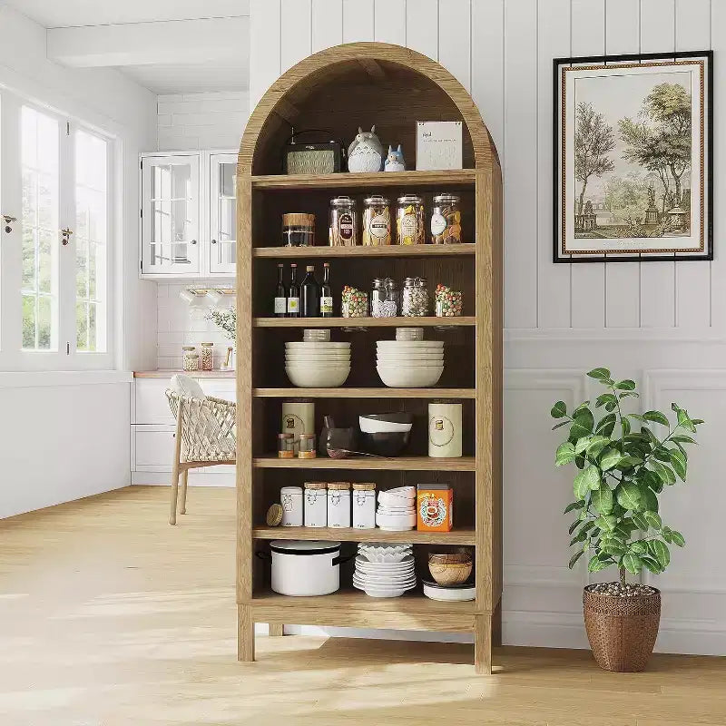 Mobile da esposizione ad arco da fattoria a 7 ripiani con ripiani regolabili, libreria alta ad arco indipendente per cucina, dispensa, soggiorno