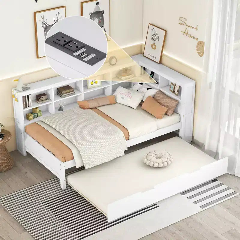 Bellemave Twin Size Wooden Daybed with Trundle, Bookcase Storage & USB Charging Station, White