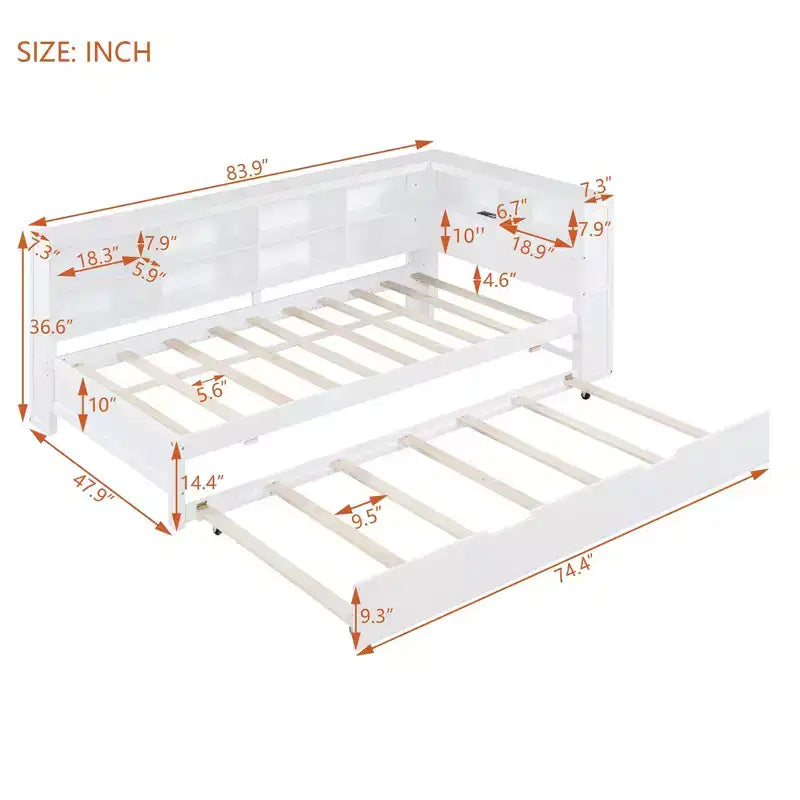 Letto a giorno in legno a una piazza e mezza con letto estraibile, libreria contenitore e stazione di ricarica USB, Bianco