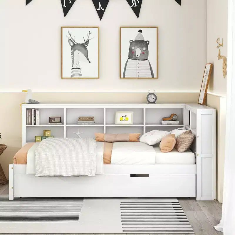 Letto a giorno in legno a una piazza e mezza con letto estraibile, libreria contenitore e stazione di ricarica USB, Bianco