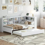 Letto a giorno in legno a una piazza e mezza con letto estraibile, libreria contenitore e stazione di ricarica USB, Bianco