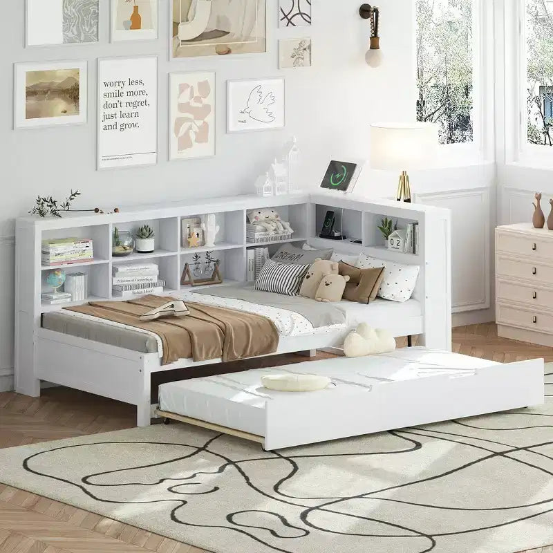 Letto a giorno in legno a una piazza e mezza con letto estraibile, libreria contenitore e stazione di ricarica USB, Bianco