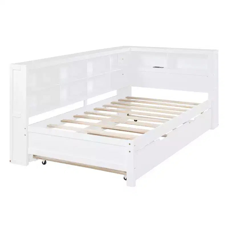 Letto a giorno in legno a una piazza e mezza con letto estraibile, libreria contenitore e stazione di ricarica USB, Bianco