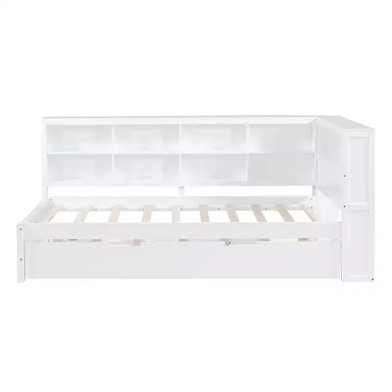 Letto a giorno in legno a una piazza e mezza con letto estraibile, libreria contenitore e stazione di ricarica USB, Bianco
