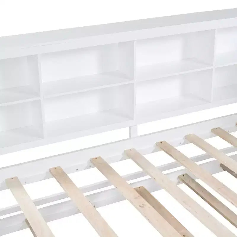 Letto a giorno in legno a una piazza e mezza con letto estraibile, libreria contenitore e stazione di ricarica USB, Bianco