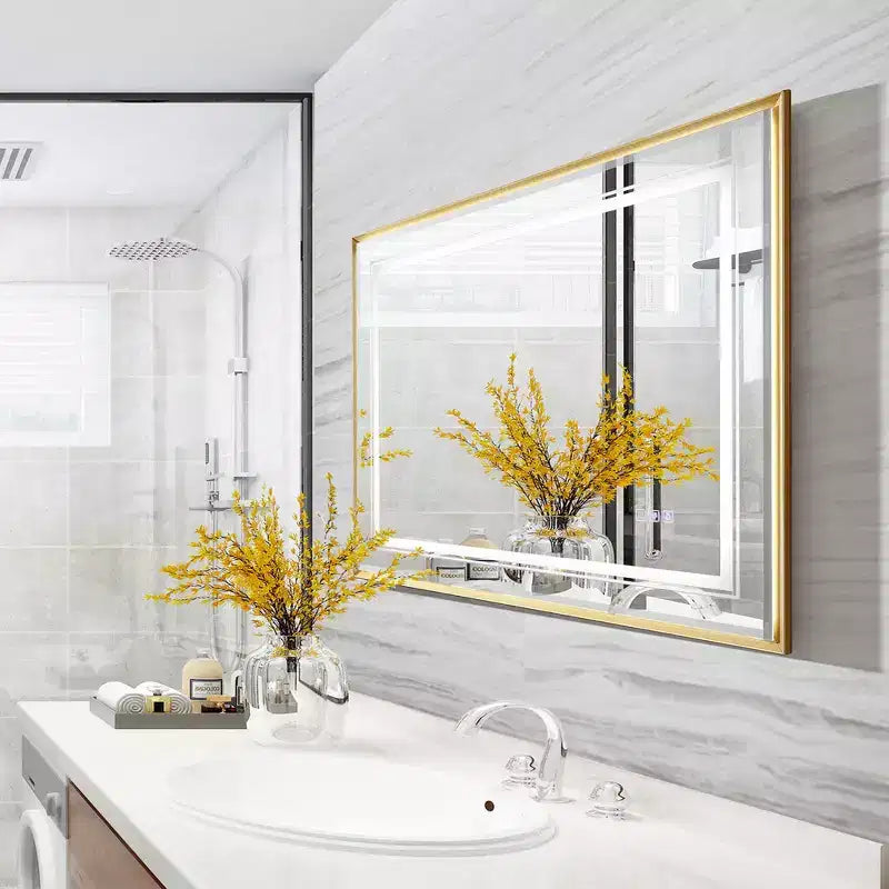 Specchio da bagno a parete a LED touch con vetro float HD, bordo smussato, cornice in alluminio e anti-appannamento, 40x30