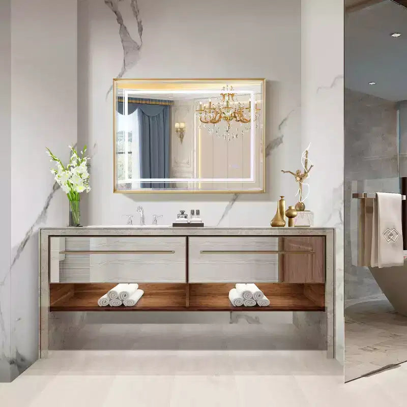 Specchio da bagno a parete a LED touch con vetro float HD, bordo smussato, cornice in alluminio e anti-appannamento, 40x30