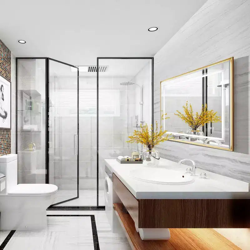 Specchio da bagno a parete a LED touch con vetro float HD, bordo smussato, cornice in alluminio e anti-appannamento, 40x30