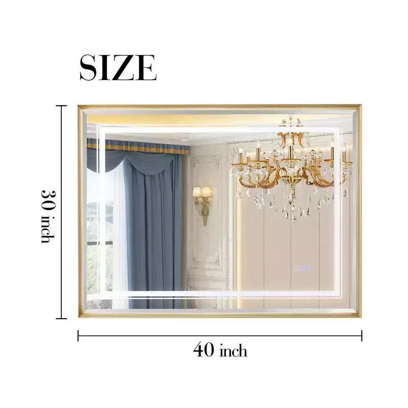 Specchio da bagno a parete a LED touch con vetro float HD, bordo smussato, cornice in alluminio e anti-appannamento, 40x30