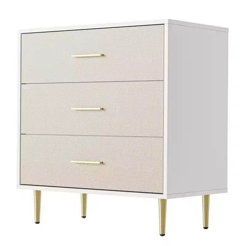Cassettiera moderna a 3 cassetti con maniglie e gambe dorate per soggiorno, camera da letto