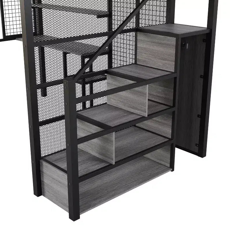 Letto a soppalco full-size con scrivania e armadio, struttura in metallo resistente con scale e ripiani in legno per bambini e ragazzi