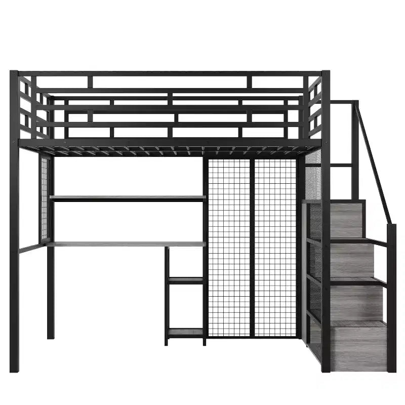 Letto a soppalco full-size con scrivania e armadio, struttura in metallo resistente con scale e ripiani in legno per bambini e ragazzi