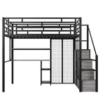 Letto a soppalco full-size con scrivania e armadio, struttura in metallo resistente con scale e ripiani in legno per bambini e ragazzi