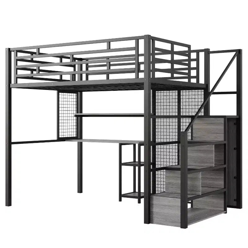 Letto a soppalco full-size con scrivania e armadio, struttura in metallo resistente con scale e ripiani in legno per bambini e ragazzi
