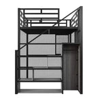 Letto a soppalco full-size con scrivania e armadio, struttura in metallo resistente con scale e ripiani in legno per bambini e ragazzi