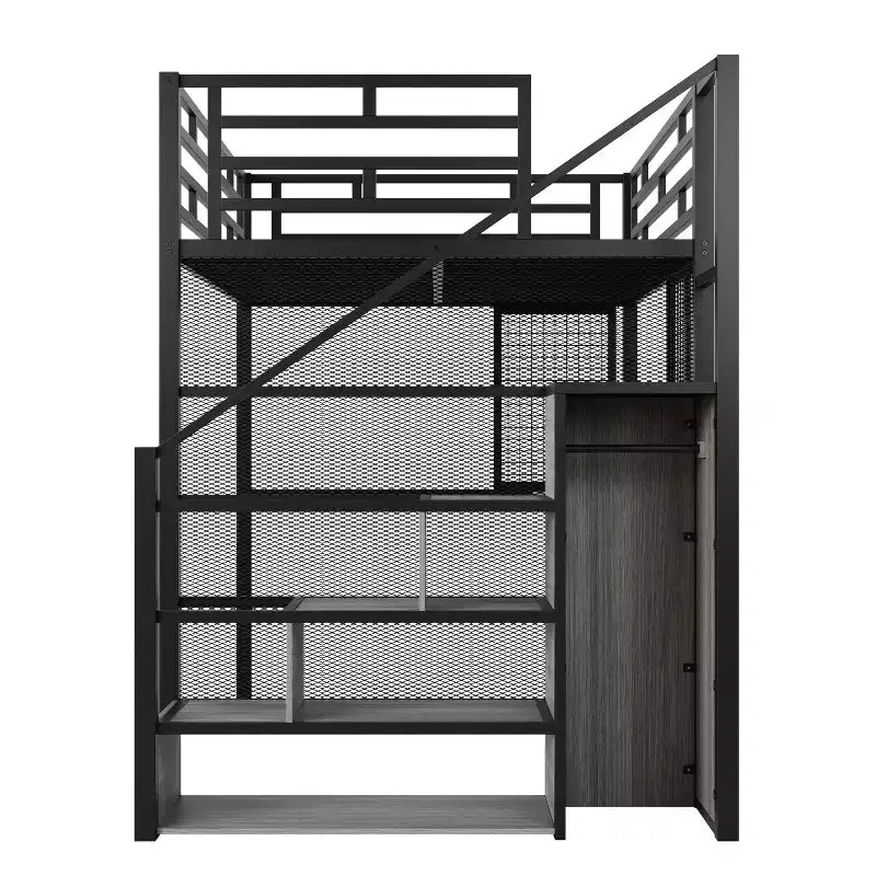 Letto a soppalco full-size con scrivania e armadio, struttura in metallo resistente con scale e ripiani in legno per bambini e ragazzi