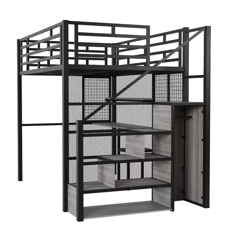 Letto a soppalco full-size con scrivania e armadio, struttura in metallo resistente con scale e ripiani in legno per bambini e ragazzi