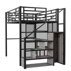 Letto a soppalco full-size con scrivania e armadio, struttura in metallo resistente con scale e ripiani in legno per bambini e ragazzi