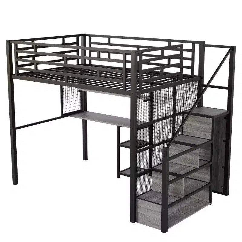 Letto a soppalco full-size con scrivania e armadio, struttura in metallo resistente con scale e ripiani in legno per bambini e ragazzi