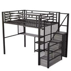 Letto a soppalco full-size con scrivania e armadio, struttura in metallo resistente con scale e ripiani in legno per bambini e ragazzi