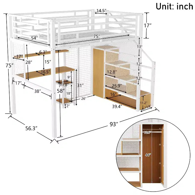 Letto a soppalco full-size con scrivania e armadio, struttura in metallo resistente con scale e ripiani in legno per bambini e ragazzi