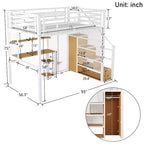 Letto a soppalco full-size con scrivania e armadio, struttura in metallo resistente con scale e ripiani in legno per bambini e ragazzi