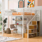 Letto a soppalco full-size con scrivania e armadio, struttura in metallo resistente con scale e ripiani in legno per bambini e ragazzi