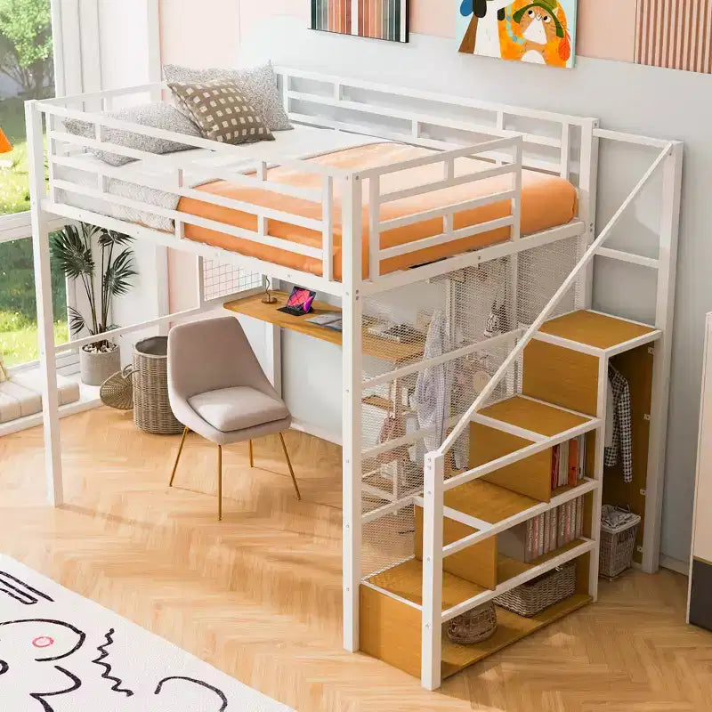 Letto a soppalco full-size con scrivania e armadio, struttura in metallo resistente con scale e ripiani in legno per bambini e ragazzi