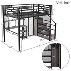Letto a soppalco full-size con scrivania e armadio, struttura in metallo resistente con scale e ripiani in legno per bambini e ragazzi