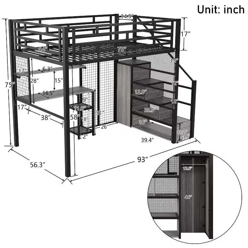 Letto a soppalco full-size con scrivania e armadio, struttura in metallo resistente con scale e ripiani in legno per bambini e ragazzi