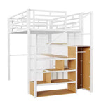 Letto a soppalco full-size con scrivania e armadio, struttura in metallo resistente con scale e ripiani in legno per bambini e ragazzi