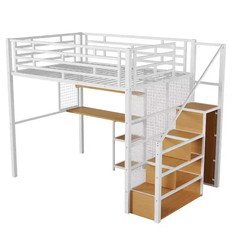 Letto a soppalco full-size con scrivania e armadio, struttura in metallo resistente con scale e ripiani in legno per bambini e ragazzi
