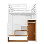 Letto a soppalco full-size con scrivania e armadio, struttura in metallo resistente con scale e ripiani in legno per bambini e ragazzi