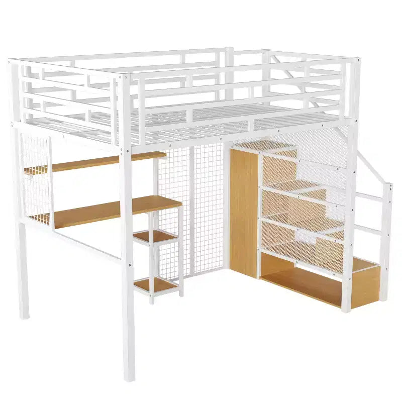 Letto a soppalco full-size con scrivania e armadio, struttura in metallo resistente con scale e ripiani in legno per bambini e ragazzi