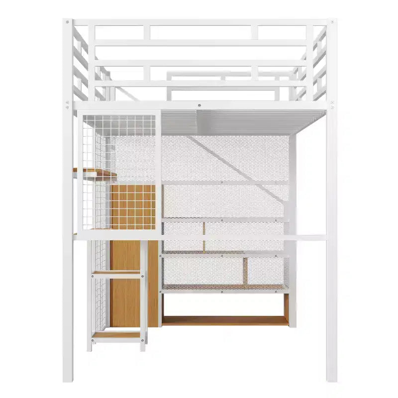 Letto a soppalco full-size con scrivania e armadio, struttura in metallo resistente con scale e ripiani in legno per bambini e ragazzi