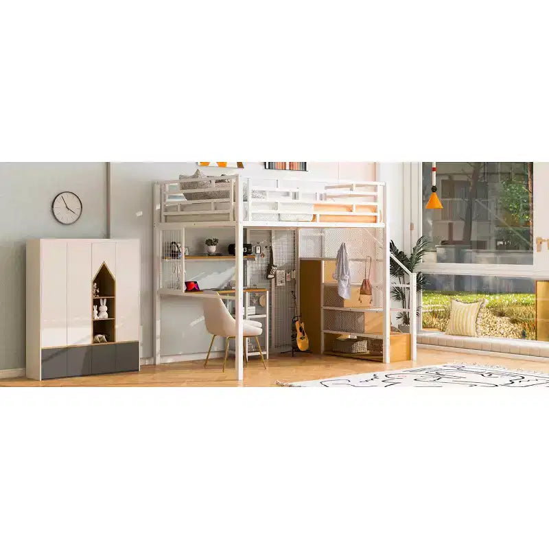Letto a soppalco full-size con scrivania e armadio, struttura in metallo resistente con scale e ripiani in legno per bambini e ragazzi